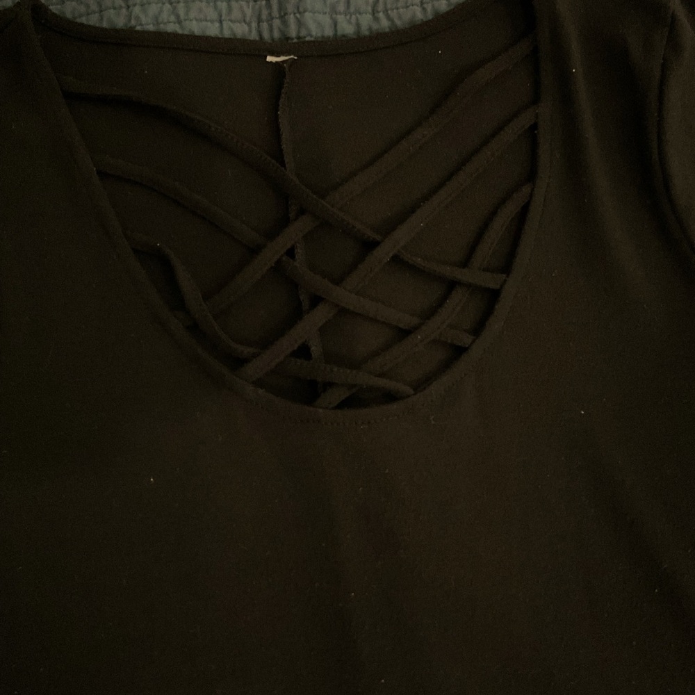 Black swing freed with criss cross neckline